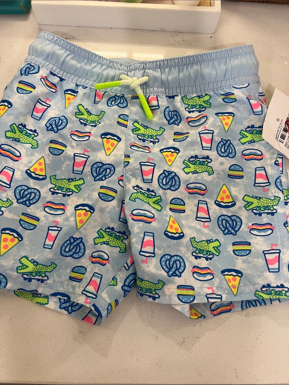 Cat & Jack Light Blue Swim Shorts with Neon Snack Print